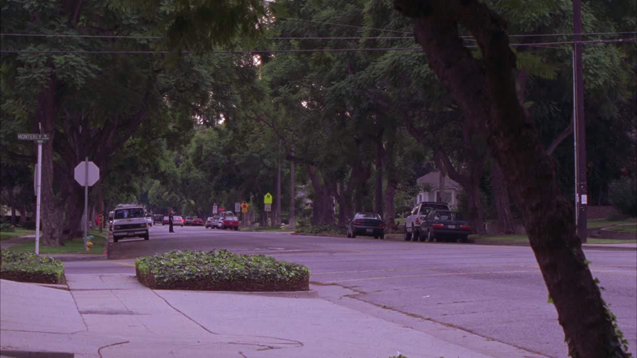 中产阶级住宅区或社区的广角交叉口。驾驶警车。树的街道。视频素材