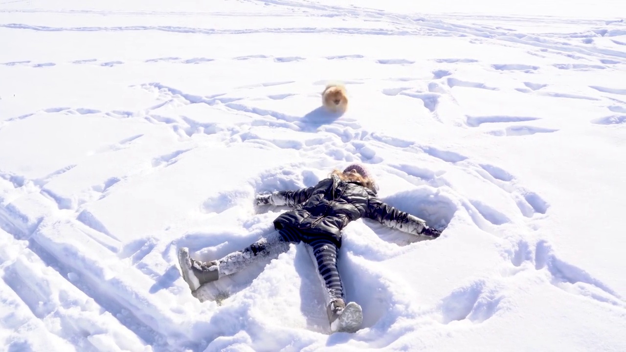 小女孩穿着暖和的衣服躺在雪地上做雪天使和宠物狗斯皮兹视频下载