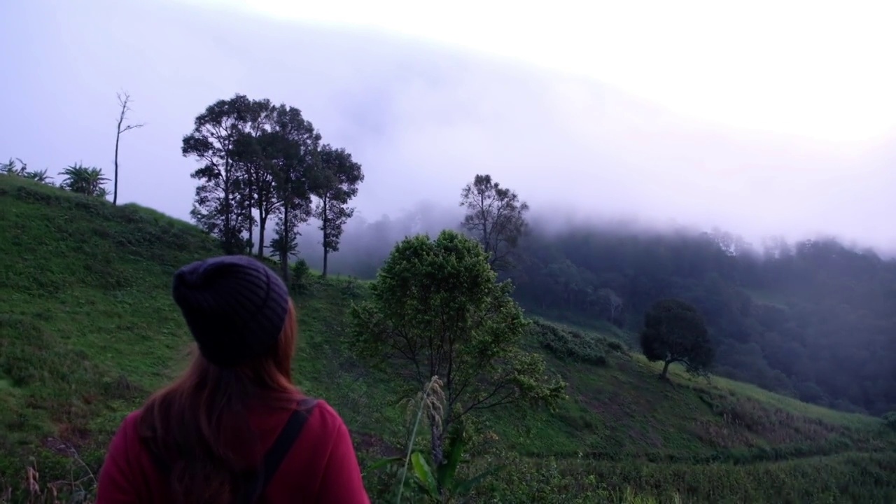 慢动作的一个女性旅行者散步和看着美丽的山景在雾天视频素材