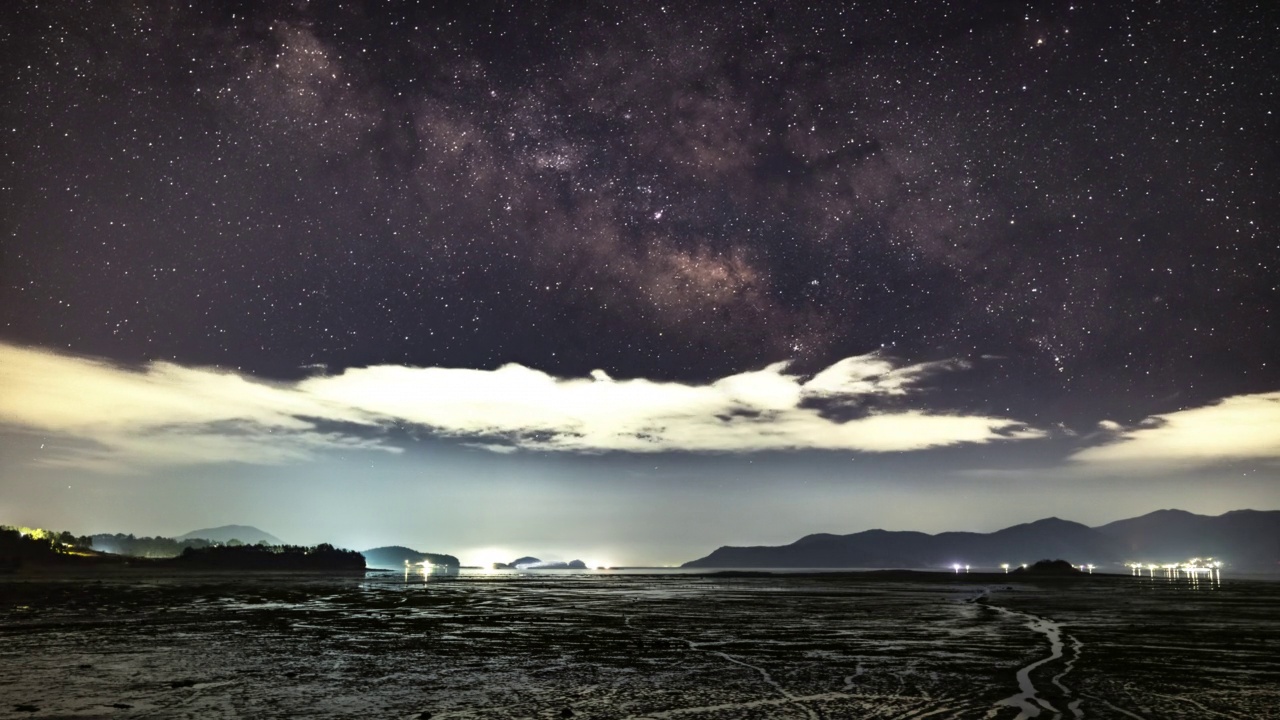 夜景——韩国全罗南道高兴郡巨金岛泥滩上的银河视频素材