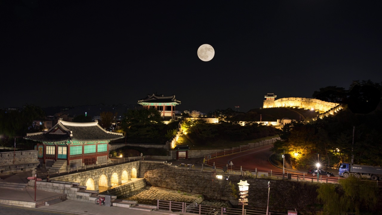 花红门上的月亮和夜景/韩国京畿道水原市八道区视频素材