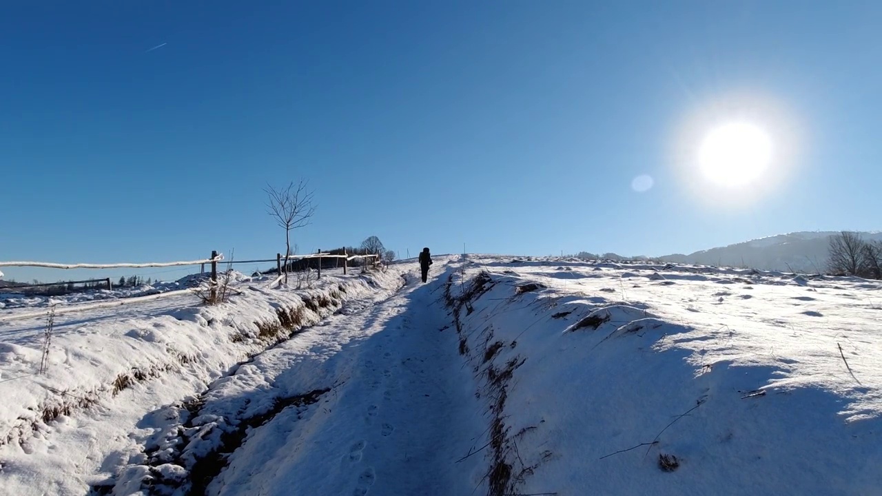 在冬季的山里徒步旅行。阳光明媚的一天。喀尔巴阡山。Borzhava。视频素材