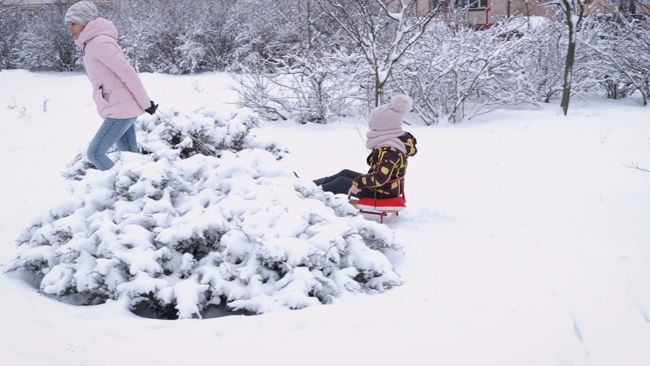 家庭雪橇在城市公园。视频素材