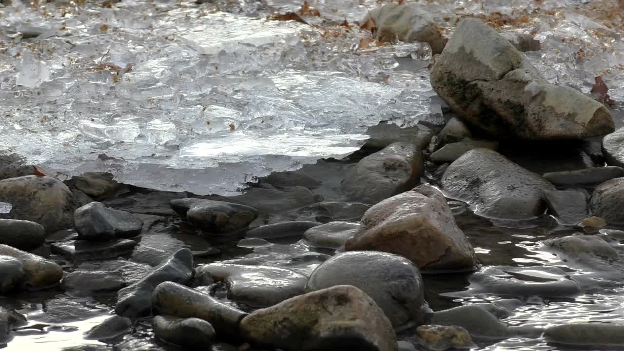 湖岸边的石头和冰视频下载