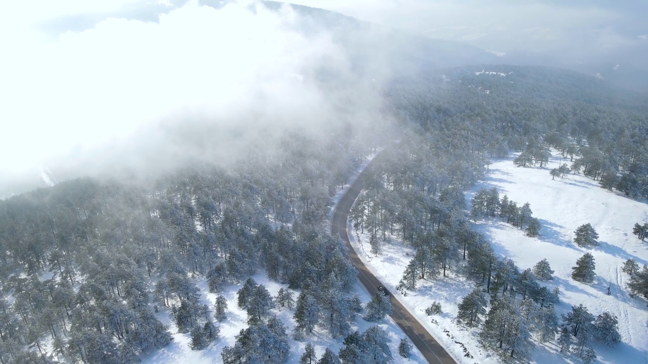 汽车行驶在遥远的雪原林间道路上视频素材