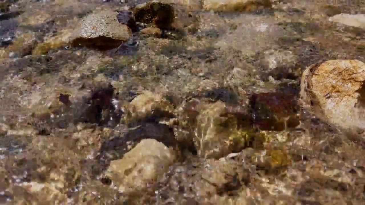 在阳光明媚的日子里，水从石头上流过的特写。雪在春天融化，天气开始变暖。改变季节的概念视频素材