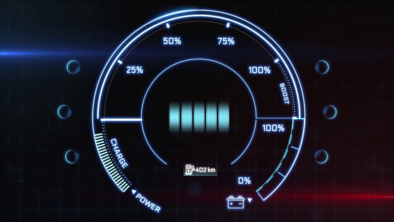 电动汽车在充电站充电。电动汽车电池指示灯显示电池电量不断增加。电池充满电。远程电动汽车概念。图形动画。视频素材