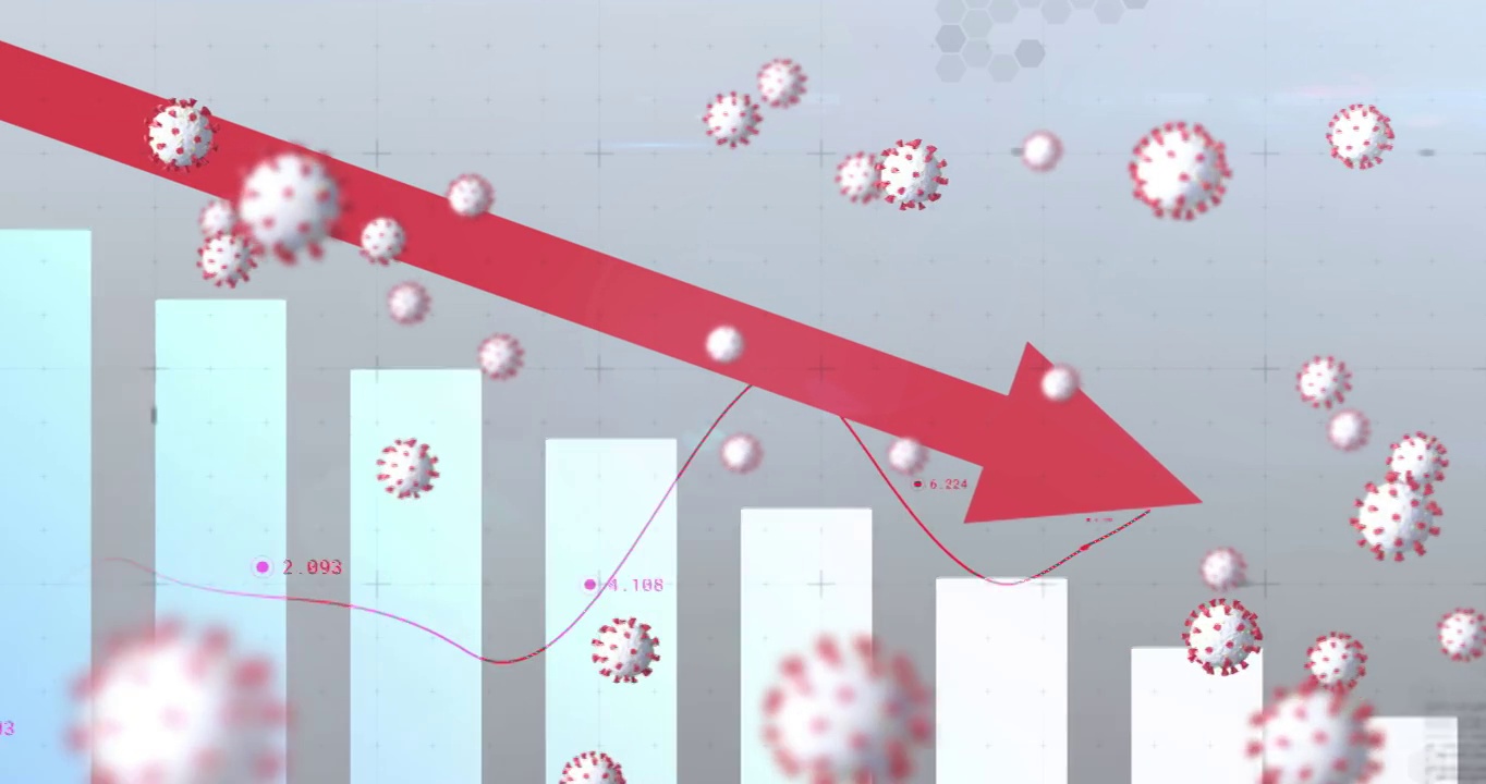 多个covid-19细胞漂浮在灰色背景的统计数据处理上视频素材