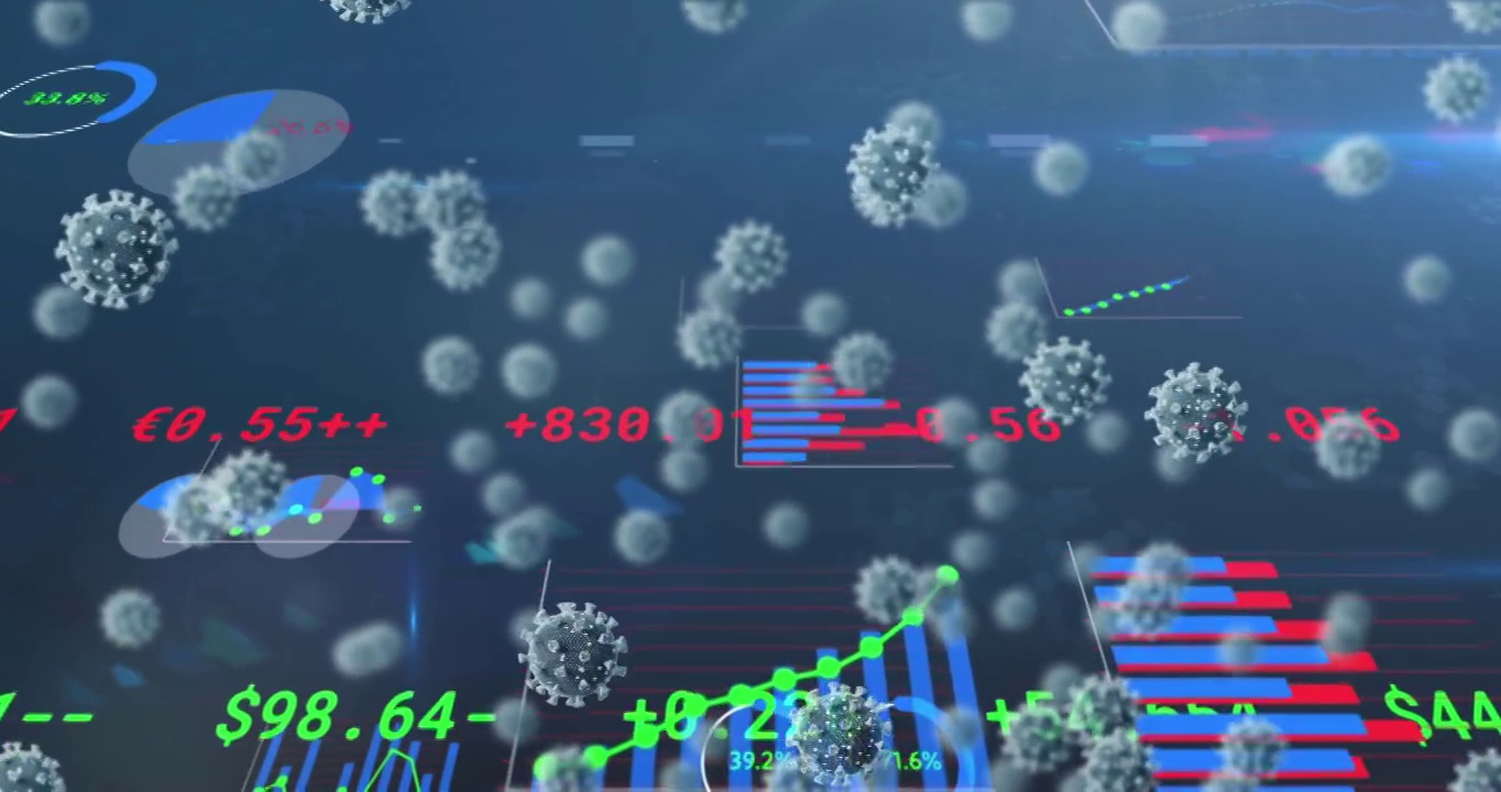 covid-19细胞漂浮的数字动画和蓝色背景上的统计数据处理视频素材