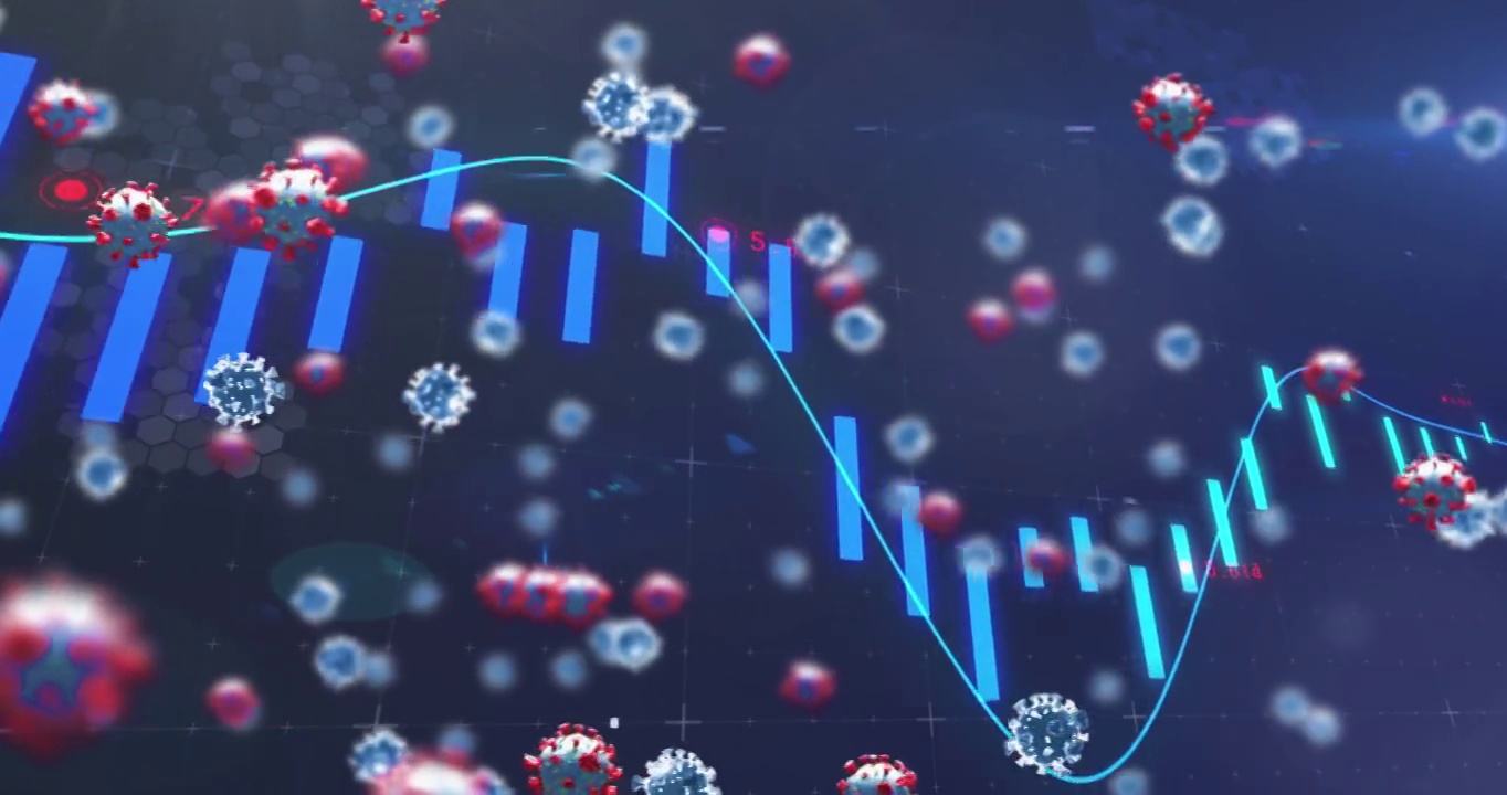covid-19细胞漂浮的数字动画和蓝色背景上的统计数据处理视频素材