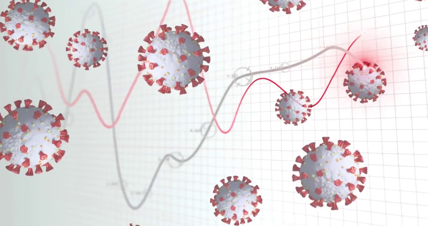 多个covid-19细胞漂浮在灰色背景的统计数据处理上视频素材