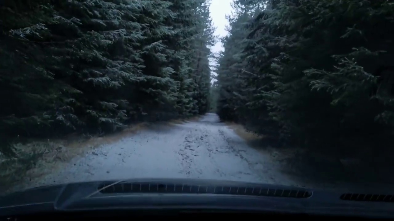 汽车观点。在冬天的雪地里，在土路上开车度假。视频素材