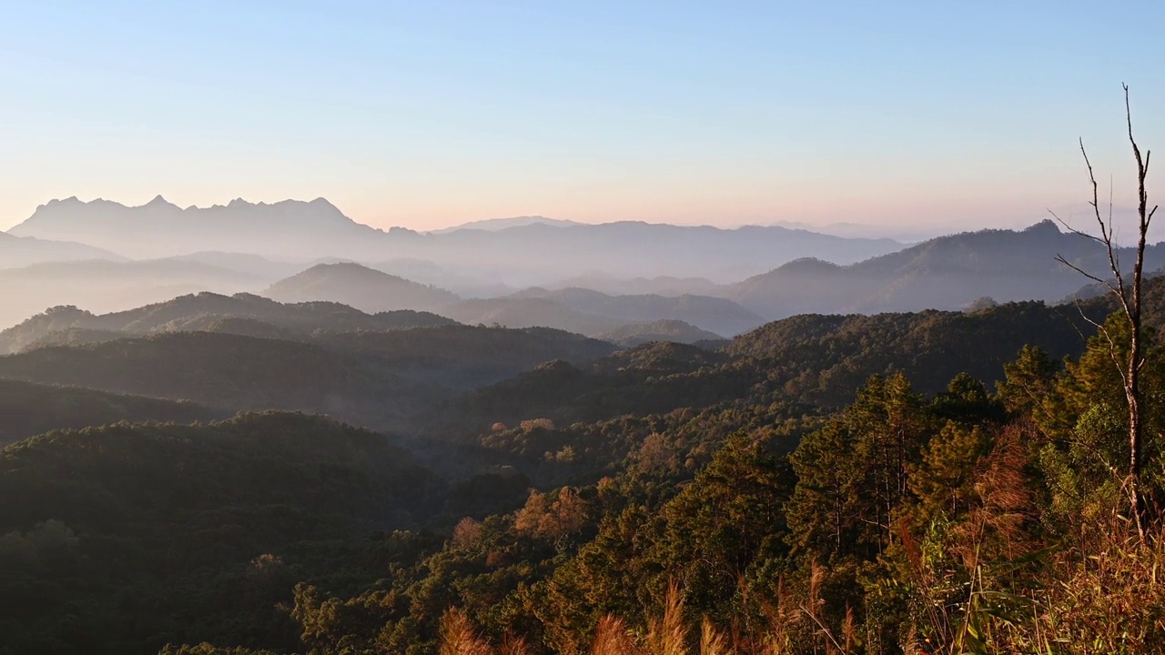 在国家公园热带雨林的雾中，Doi Luang Chiang Dao山的Doi Kham Fah日出视点视频素材