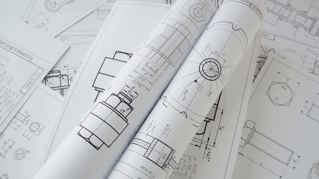 工业零件和机械的纸质工程图纸视频素材