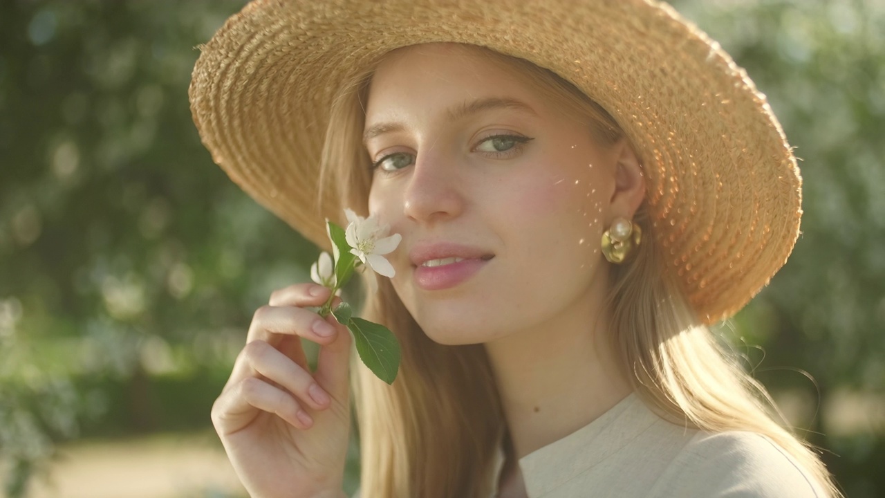 戴着帽子的金发女人挤压白色苹果花花瓣的肖像。有盛开树木的花园。美，健康，新鲜和自然的概念。近距离视频素材