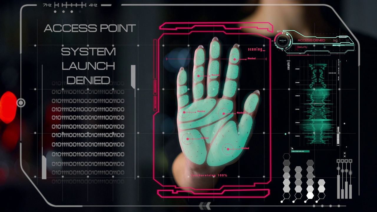 生物手部扫描仪拒绝黑客访问检查男子身份安全特写视频素材
