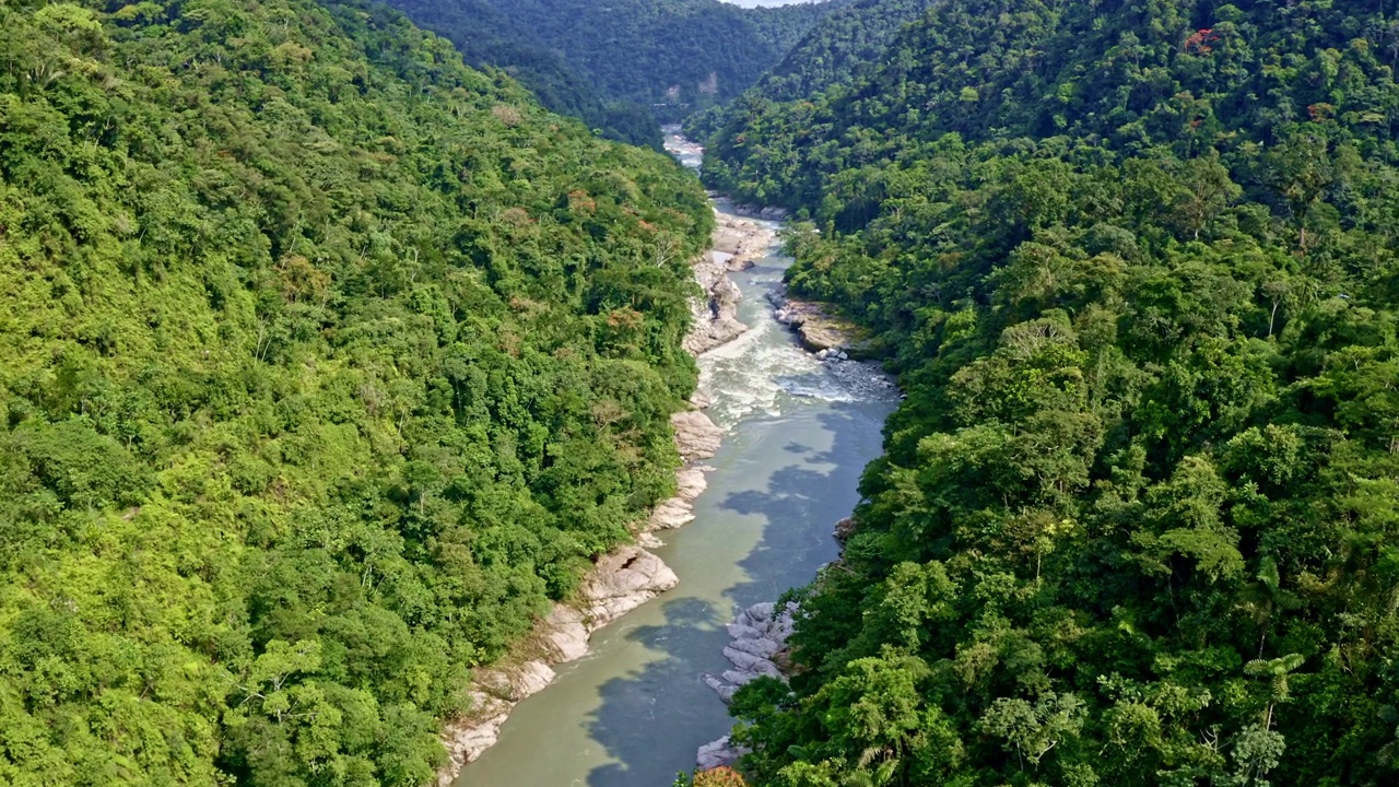 有花岗岩河床和热带森林覆盖的丘陵的山间河流视频素材