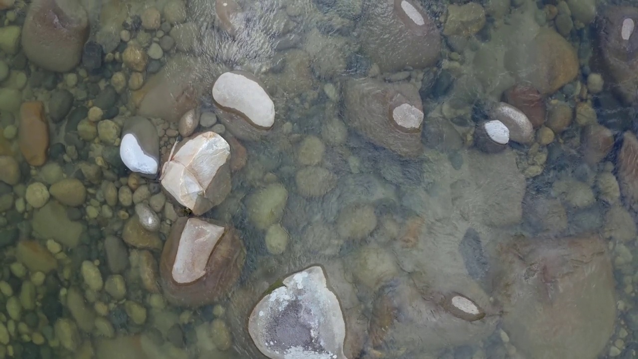 俯瞰一条深色的河流，清澈的河水，鹅卵石和缓慢的水流视频素材