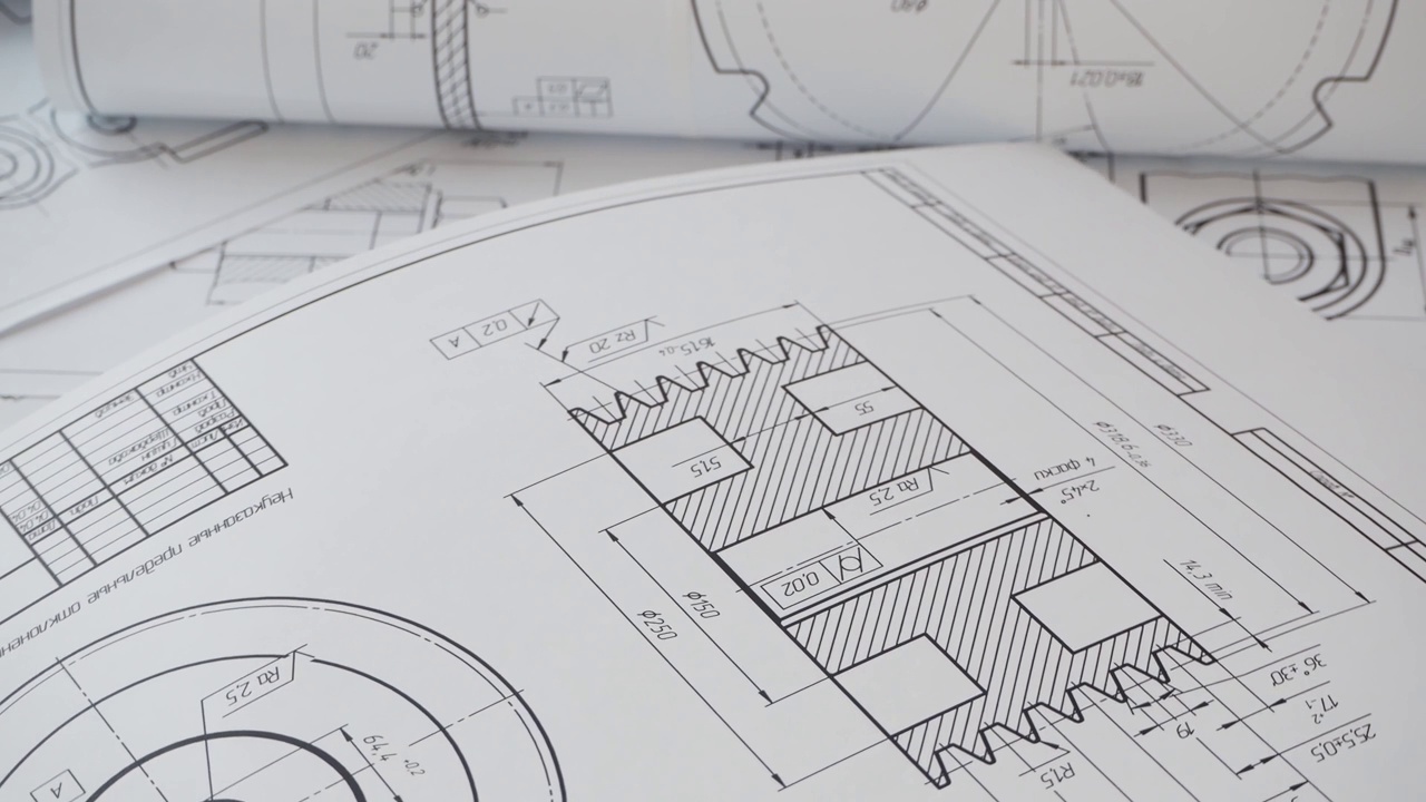 工业零件和机械的纸质工程图纸视频素材