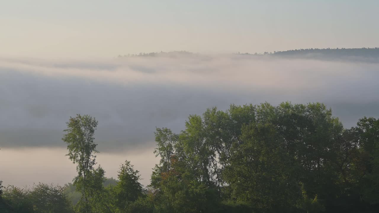 秋日清晨的风景，塞克莫恩，Lützelbach，奥登瓦尔德，黑森，德国视频素材