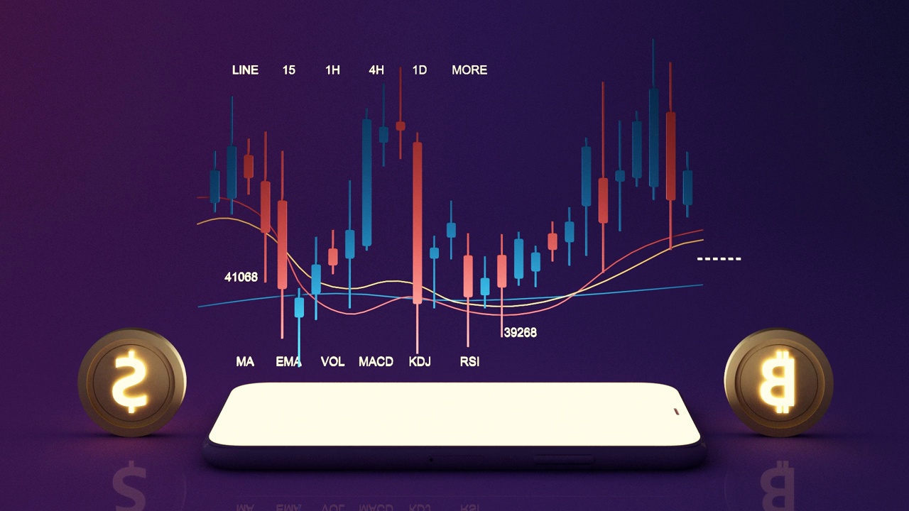 它被一个数字货币图表包围着，上面有一条上下交替的条形图，背景是紫色的智能手机屏幕。3d渲染动画循环视频素材
