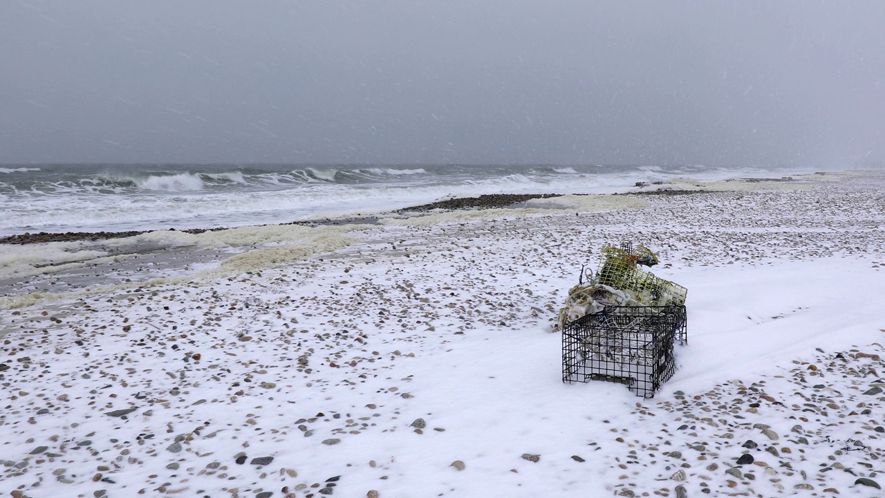 暴风雪中白雪覆盖的海滩视频素材