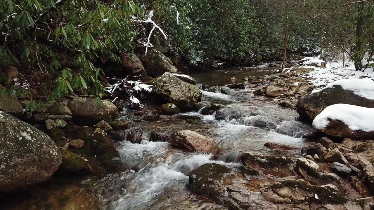 流动的岩石溪在冬天的雪视频素材