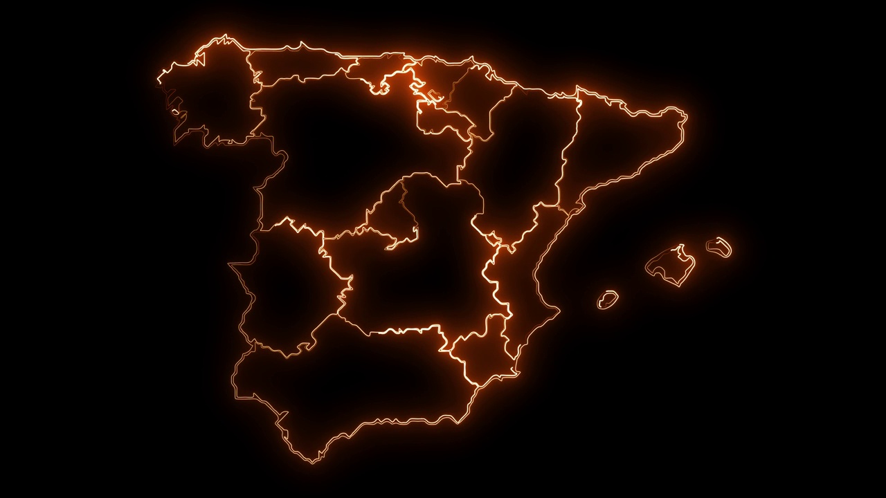 西班牙地图与所有州或省发光霓虹灯轮廓内外动画。视频素材