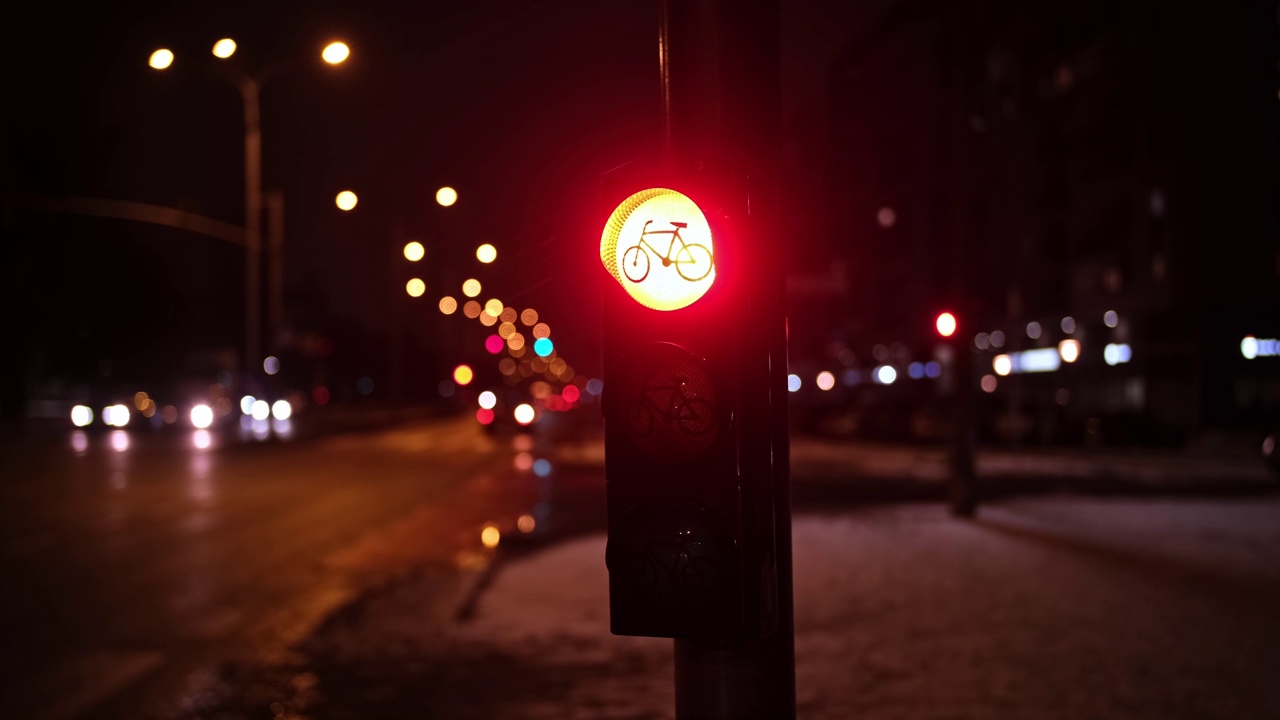 夜晚繁忙的城市街道上的自行车道交通灯序列视频素材