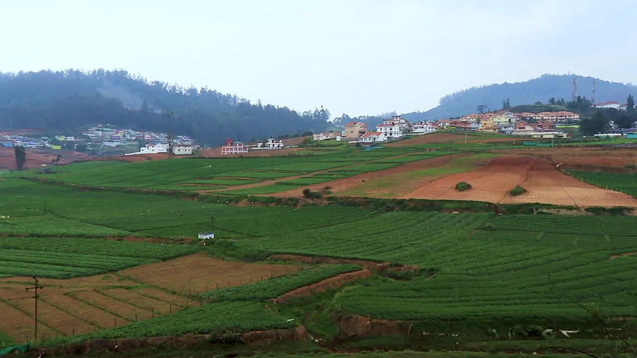 农村的农村农田与山和平坦的天空背景视频素材