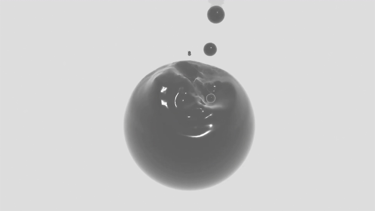抽象的振动三维圆形图形，分散较小的水滴。设计。液体灰色球与波纹孤立在一个白色的背景。视频下载