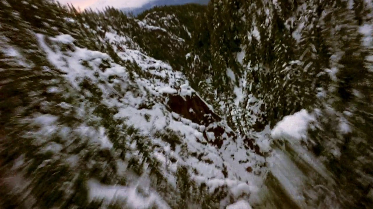 空中穿越雪山。相机从喷气式飞机快速穿越山脉的角度前后倾斜。看那绿油油的松树，上面撒满了雪。看背景中多云的天空。浓白雾聚集在山的一侧。视频素材