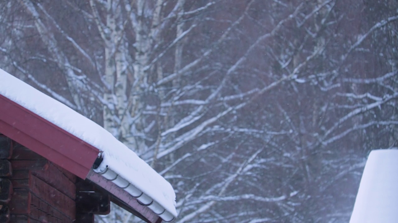 雪从小屋的屋顶上吹在风中视频下载