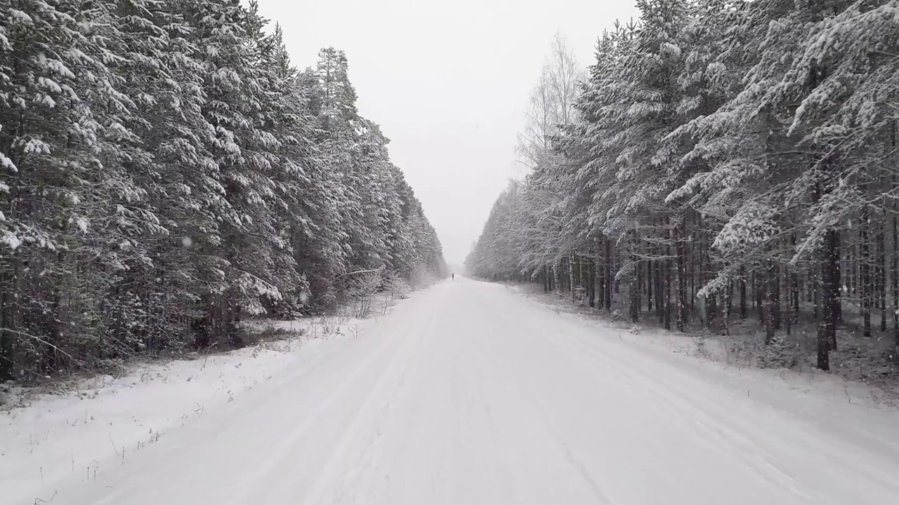 雪落在森林的路上，人走在远处视频素材