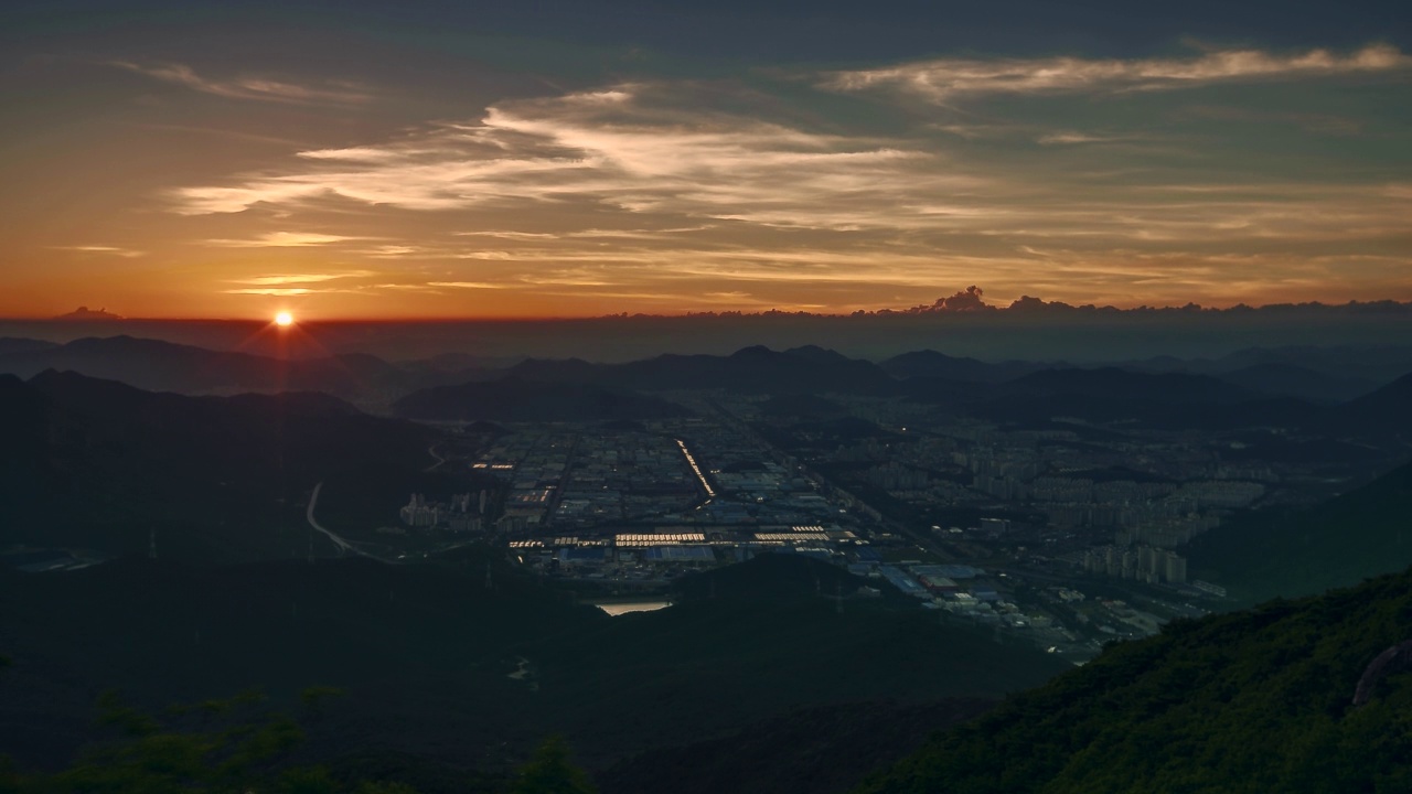 在市中心/昌原市，庆尚南道，韩国日落的全景视频素材