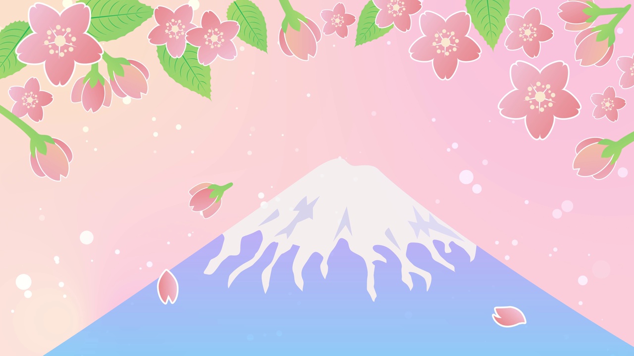 富士山和樱花花瓣的动画视频素材