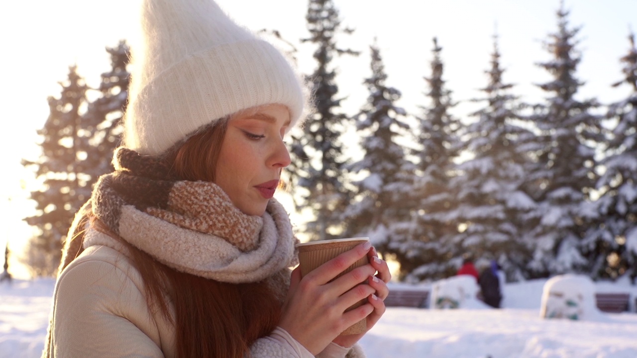 在雪城公园里，迷人的年轻女子戴着白色帽子，闭着眼睛享受着从杯子里拿出来的热的芳香咖啡或巧克力。视频素材