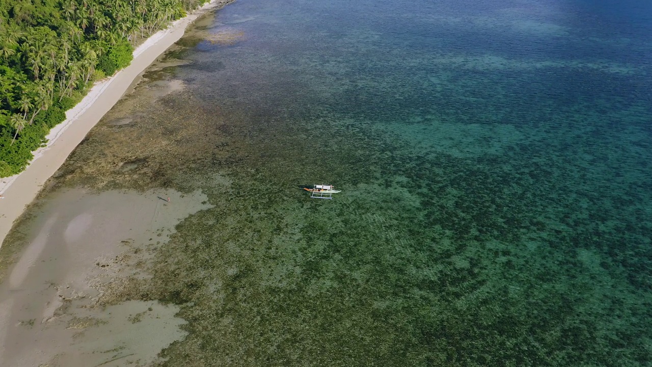 4k鸟瞰图，El Nido，巴拉望，菲律宾。一艘班卡船在浅水中向长满椰子树的孤独的热带海滩游去视频素材