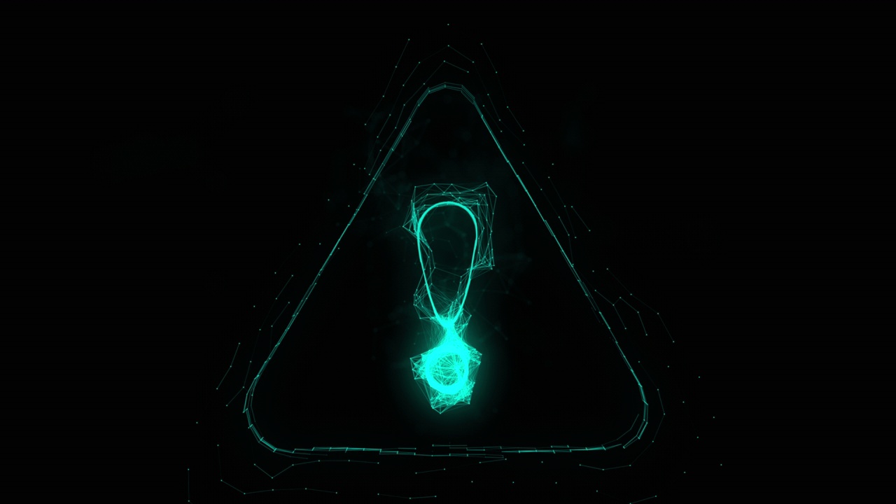 三角形图标中的感叹号具有神经丛效果。用点连接的线。行神经丛视频素材