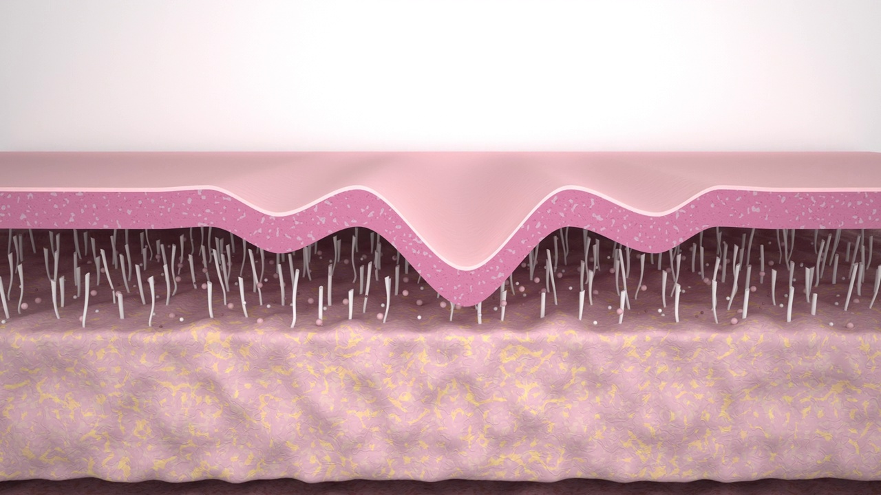 3D动画皮肤层平滑皱纹。护肤作用胶原修复作用抗衰老治疗作用视频素材