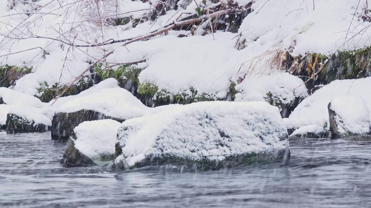 河流或小溪或水流，在冬天有石头和白色的雪帽。大雪纷飞，大雪纷飞视频素材