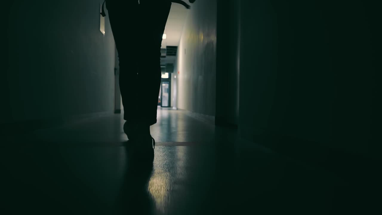 黑暗的走廊上女性腿的剪影。一个女人在走廊尽头参加一个灯光会议视频素材