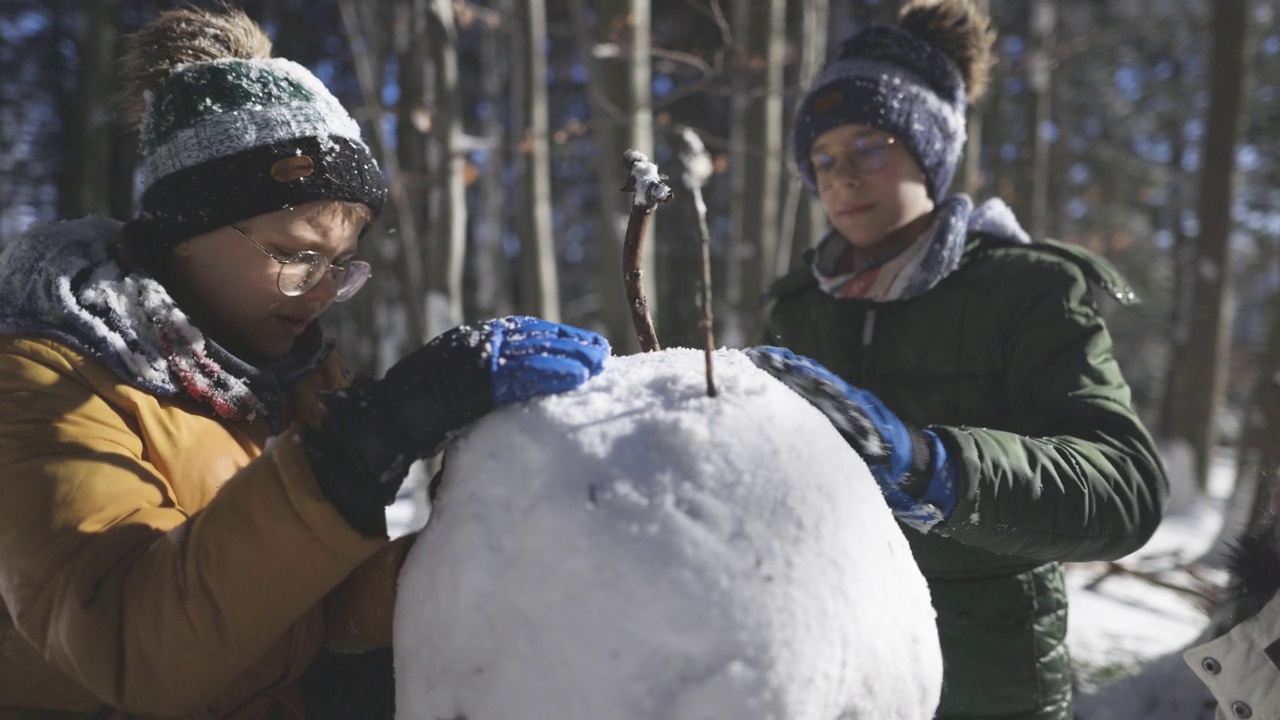 在一个阳光明媚的冬日，三个孩子在森林里堆雪人。视频素材