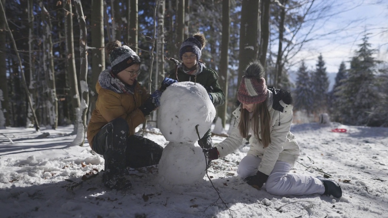 在一个阳光明媚的冬日，三个孩子在森林里堆雪人。视频素材