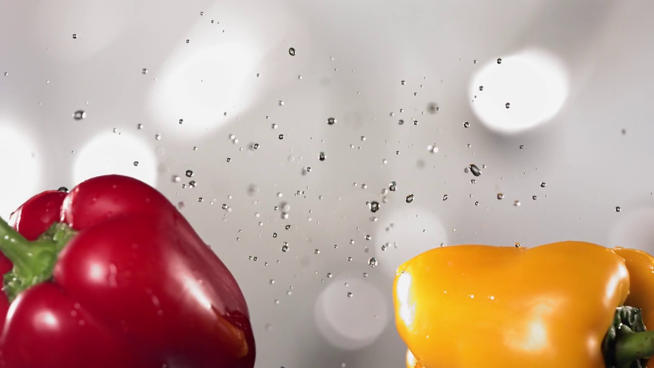 红色和黄色的辣椒在空中飞行，在慢动作中碰撞视频素材