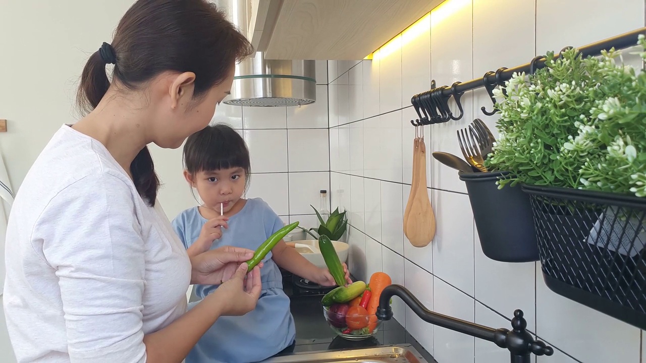 女儿看着妈妈在厨房洗碗视频素材