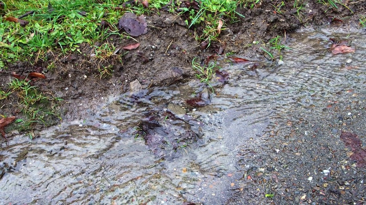 雨后在铺好的人行道边流淌的涓涓细流视频素材