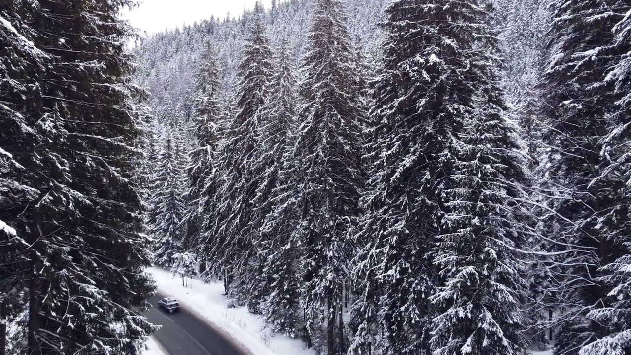 鸟瞰图雪山森林与汽车驾驶冬季道路。视频素材