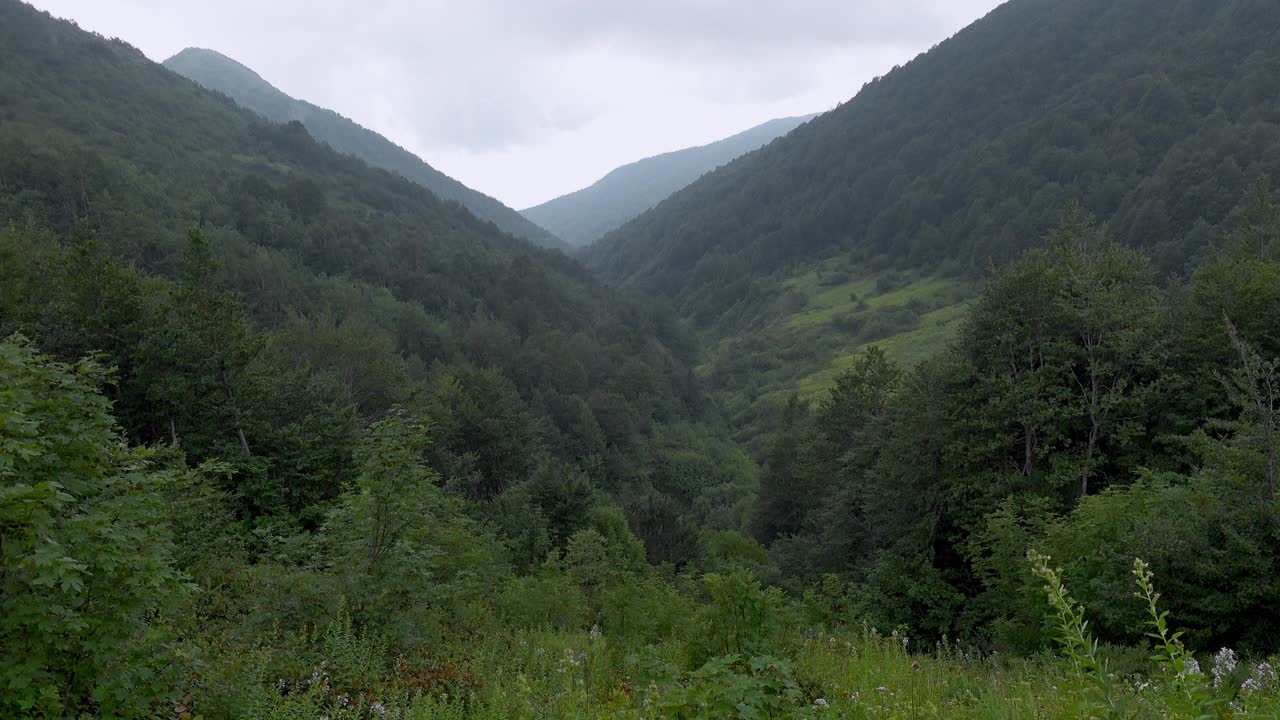 有绿色山谷的山地景观。群山在天空衬托下的剪影。视频素材