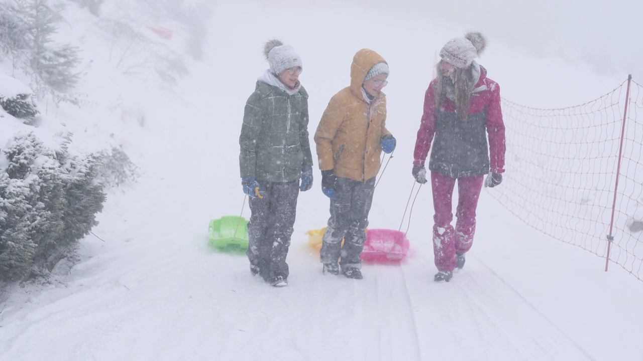 孩子们喜欢在暴风雪中玩雪橇视频素材